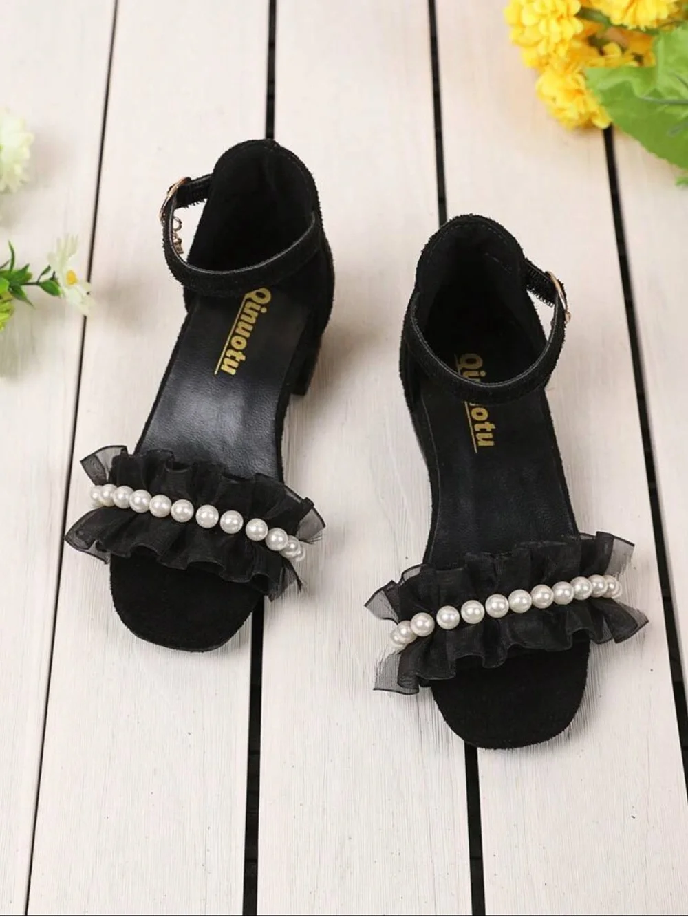 ELEGANT TODDLER BUNDLE Girls Black Pearl-Accent Dress and Sandals
